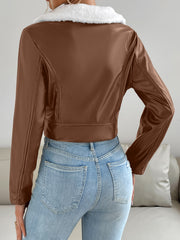 Zip Up PU Leather Jacket Casual Long Sleeve Solid Outerwear