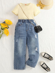 Girls Short Sleeve Tshirt & Ripped Jeans Set