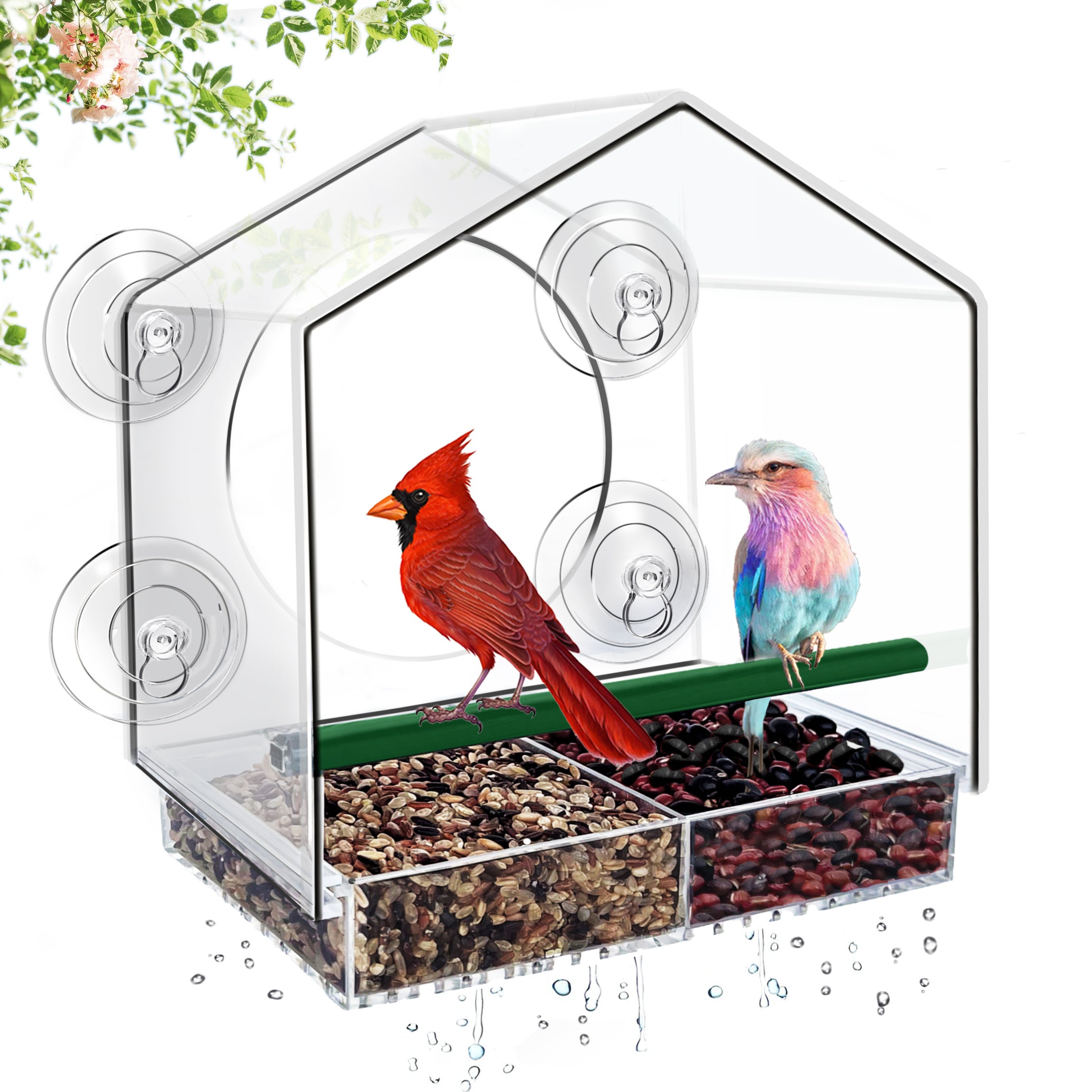 Window Bird Feeder w/ Strong Suction Cups - 3 Compartment Tray