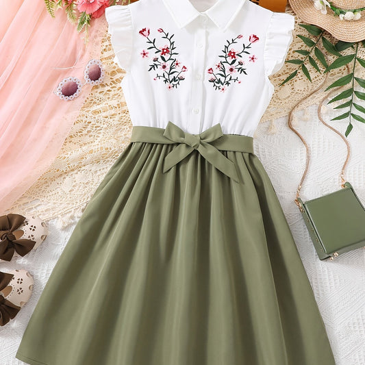 Girls Floral Embroidery Ruffle Trim Button Shirt Dress