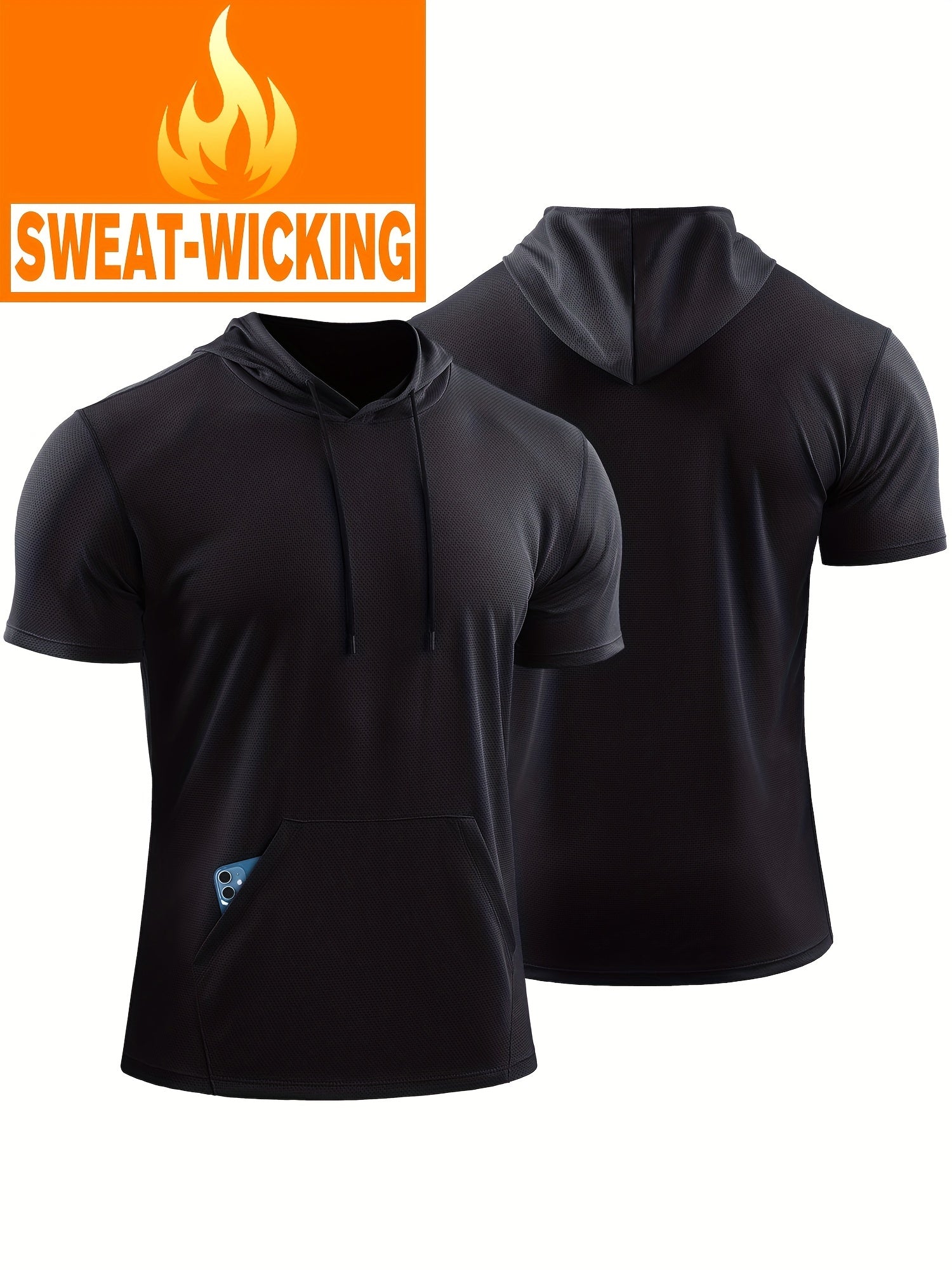 Men's Solid Hooded T shirt With Pocket Quick Dry Breathable Short Sleeve