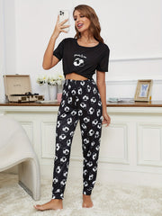 Panda Print Pajama Set Short Sleeve Top & Pants Womens Sleepwear
