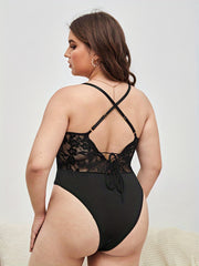 Floral Jacquard Wave Trim Teddy Bodysuit for Women