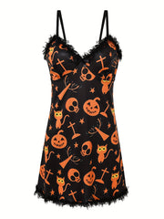 Sexy Halloween Nightdress Women's Plus Ghost Print V Neck Ca