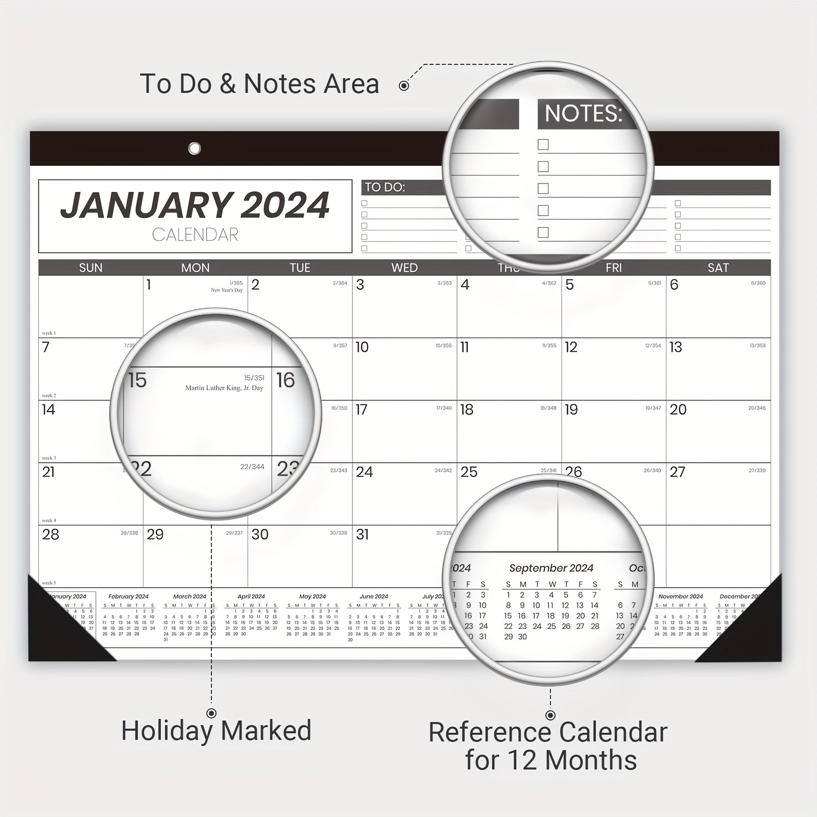 12-Month Wall Calendar 43x30 Twin Wire Binding Thick Paper Julian Dates