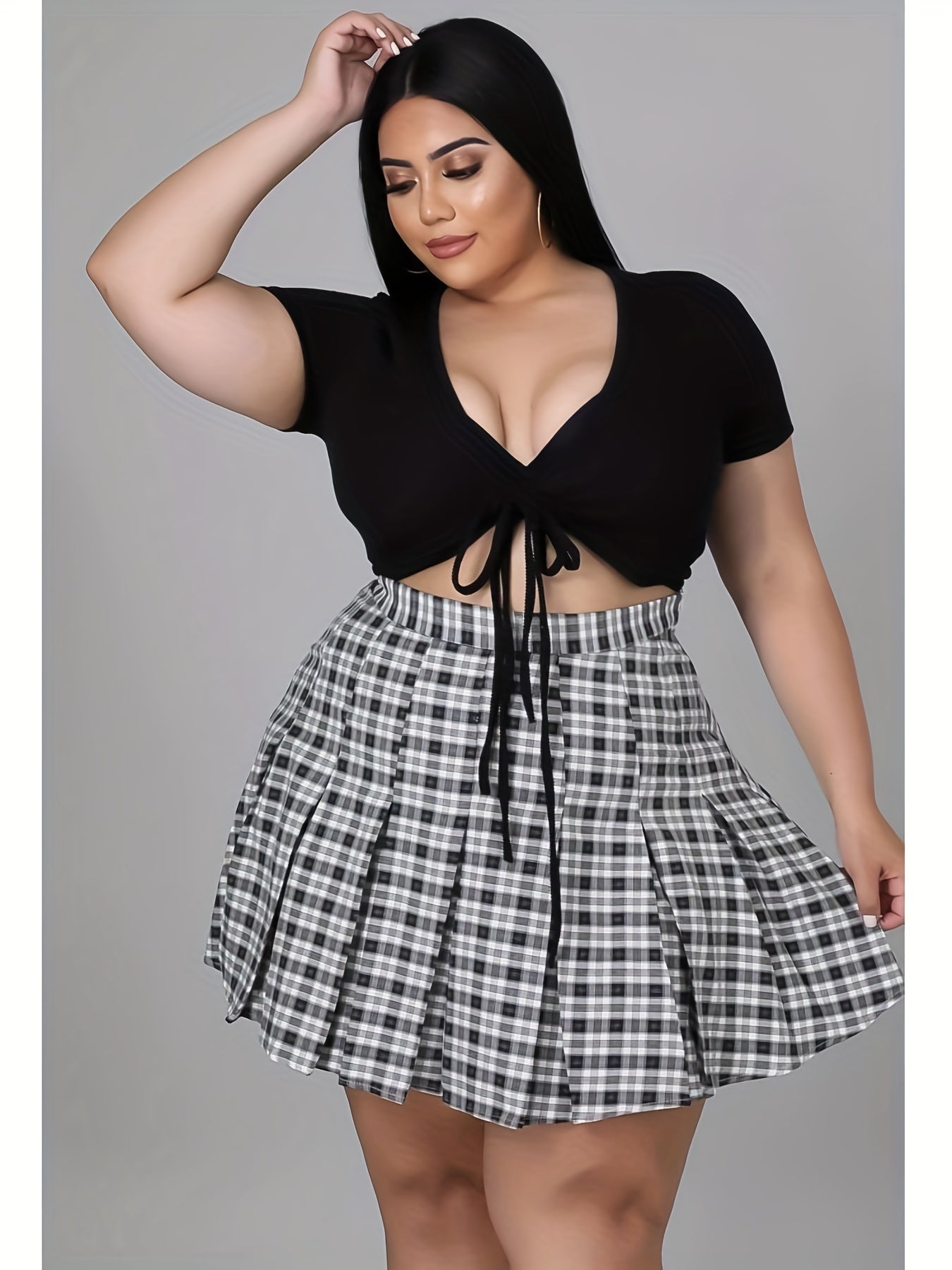Tie Front Crop Top & Plaid Mini Skirt Set