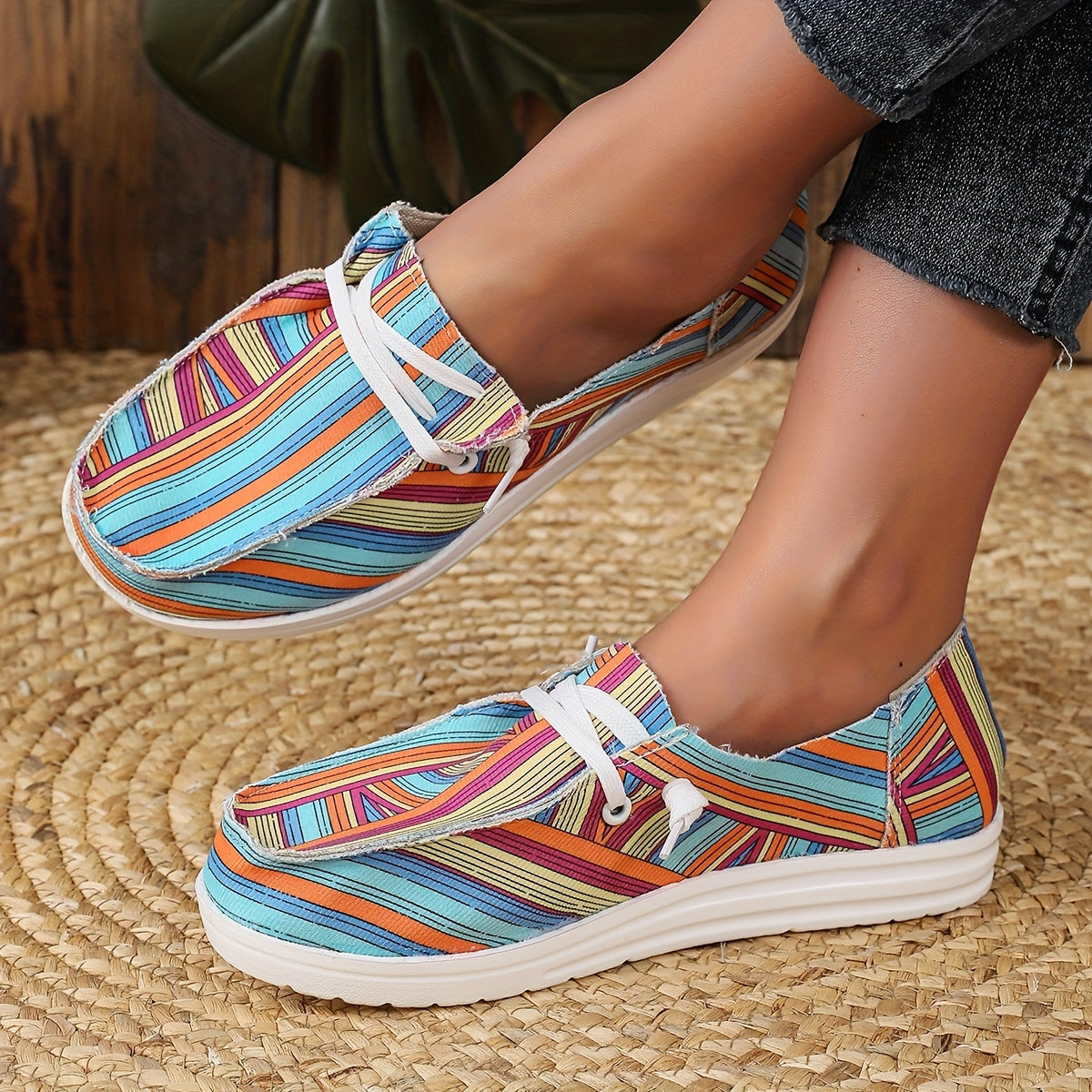 Striped Canvas Casual Shoes Lightweight Sneakers Lace Up Loafers