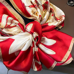 Magnolia Print Red Satin Scarf Silk Shawl Large Sunscreen Head Wraps