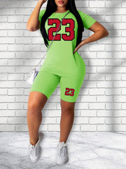 23 Number Print Two Piece Set Casual Short Sleeve T shirt & Skinny Shorts