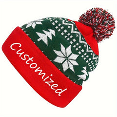 Personalized Christmas Knit Beanie Hat with Snowflake & Tree Embroidery