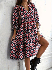 Geometric Print V Neck Dress with Half Sleeves