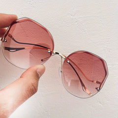 Round Rimless Sunglasses Ombre Lens Metal Temple UV400