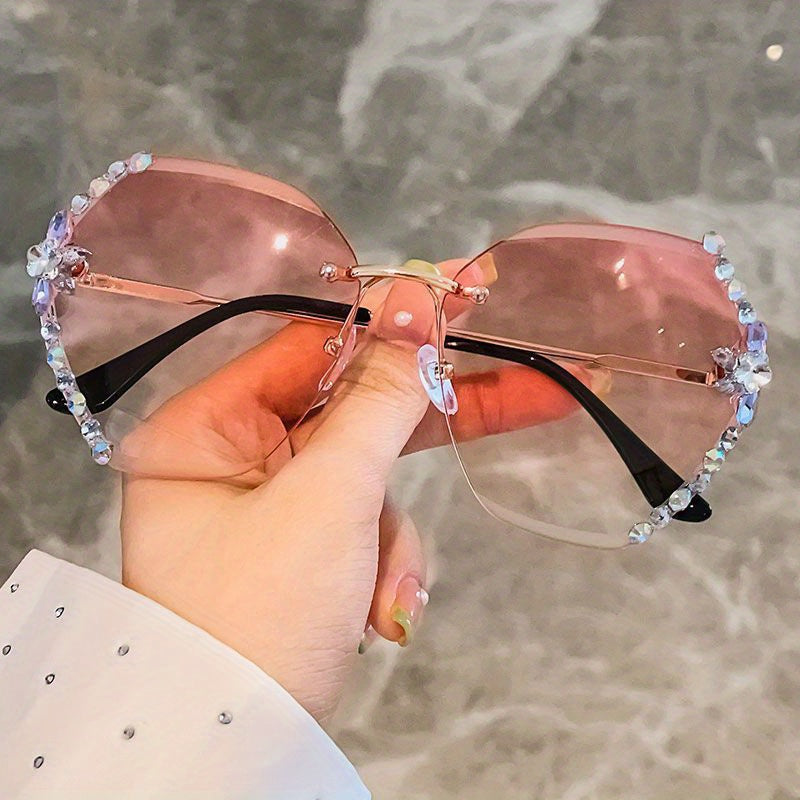 Oversized Rhinestone Sunglasses Gradient Lens Rimless Eyewear