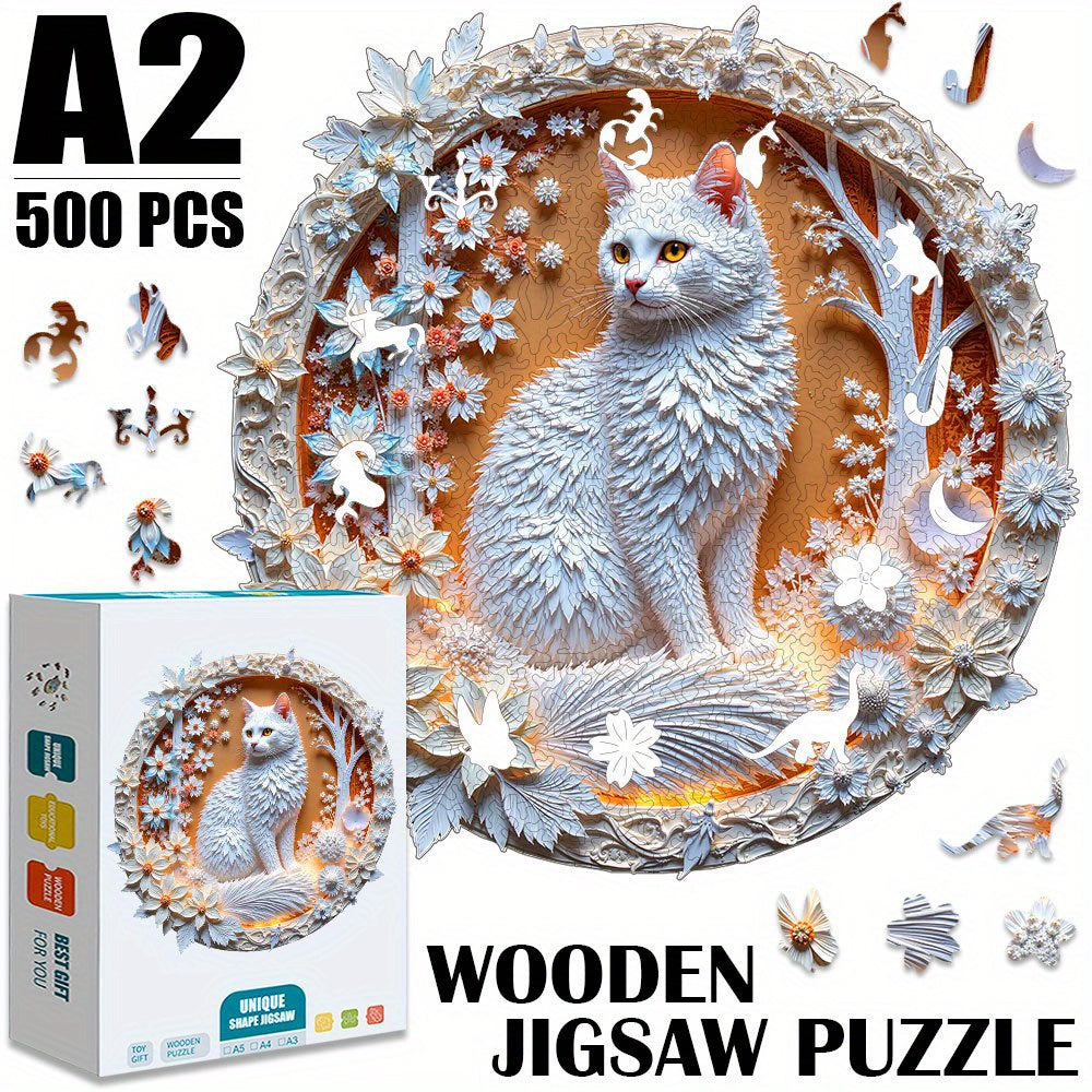 A2 Size Cat in Jungle 3D Puzzle Wooden Jigsaw with Floral Frame