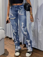 Long Denim Jeans Ripped Holes Distressed Pockets High Stretch Pants Women's