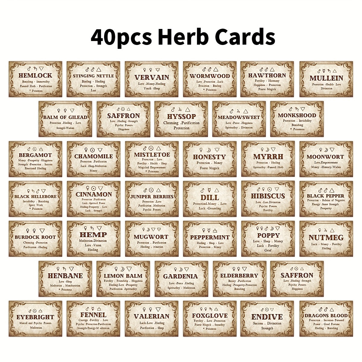 Set of 40 Vintage Witchcraft Herbs Flashcards with Meanings & Symbols