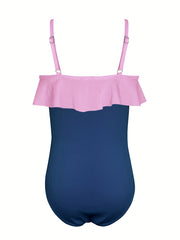 Toddler Girls Ruffle Ribbed Contrast Colors Swimsuit