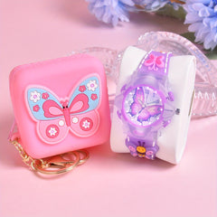 Girls' 3D Butterfly Silicone Strap Watch with LED Flash Quartz Wristwatch Set