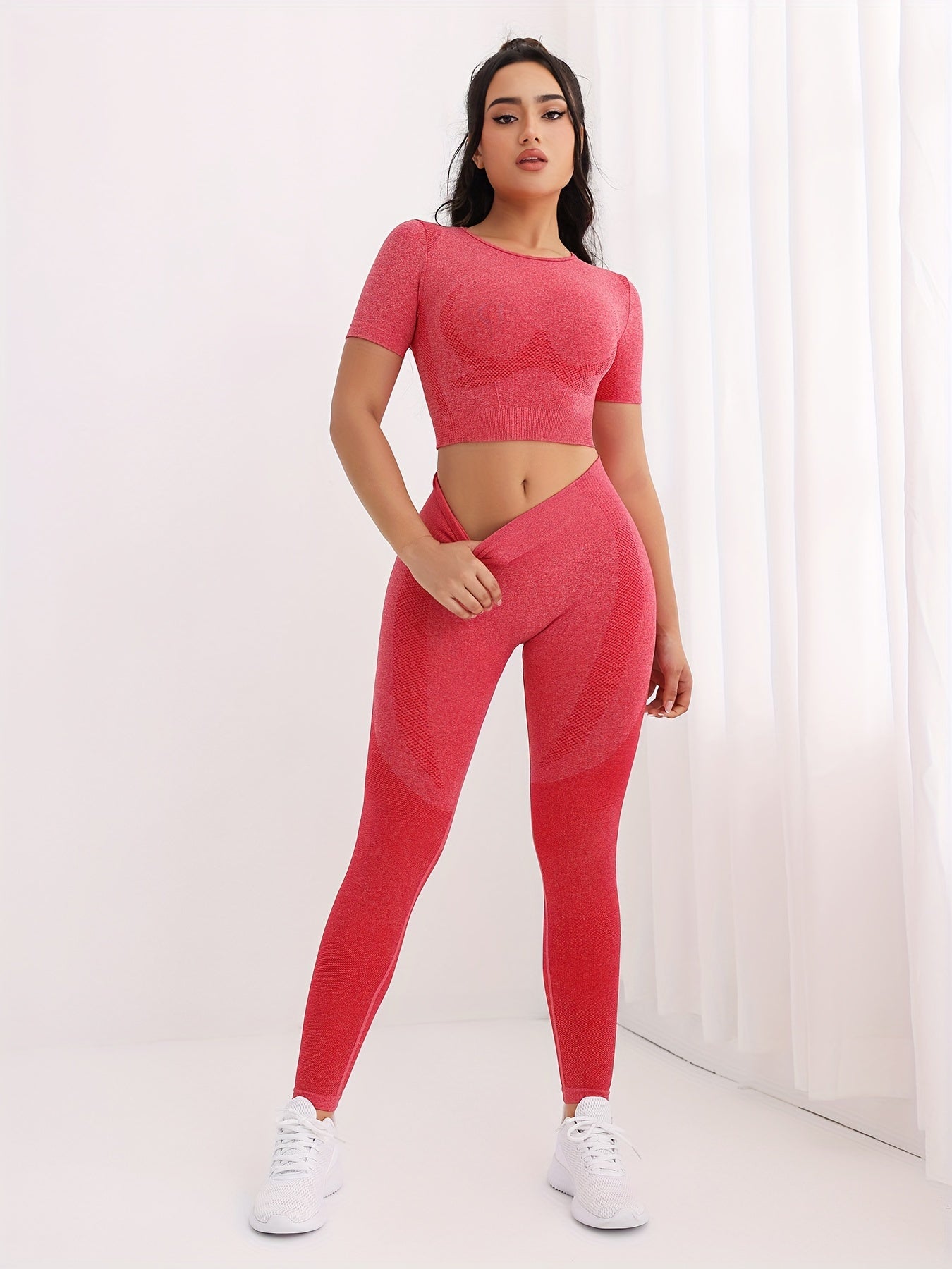 2pcs Women's Slim Fit Sporty Set Short Sleeve Top & High Waist Running Pant