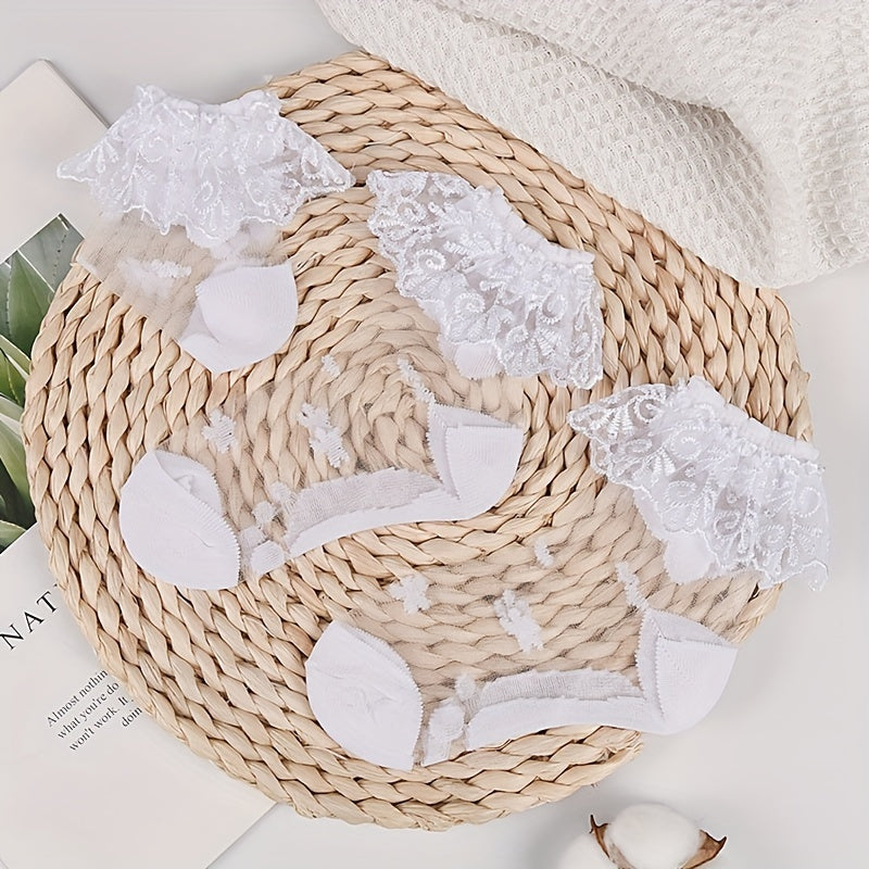 3Pairs Girls Mesh Lace Ruffle Tube Socks - Princess Crystal Breathable Socks