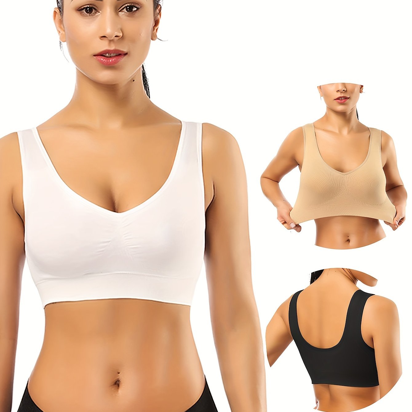 3 Pack Plus Size Sports Bra Set. Women's Plus V Neck Stretch Seamless