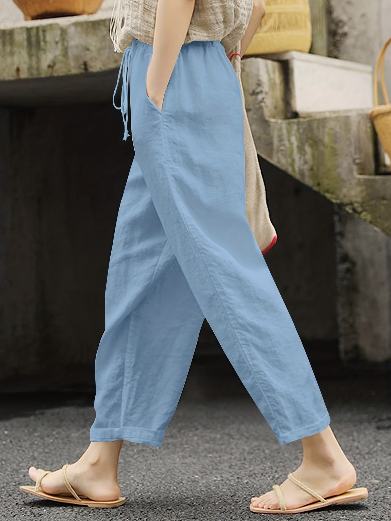 Solid Drawstring Straight Leg Pants Casual Dual Pockets Pants
