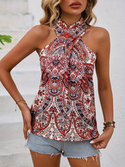 Ethnic Floral Print Top Criss Cross Sleeveless