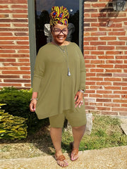 Women's Plus Solid Long Sleeve Top & Shorts Set
