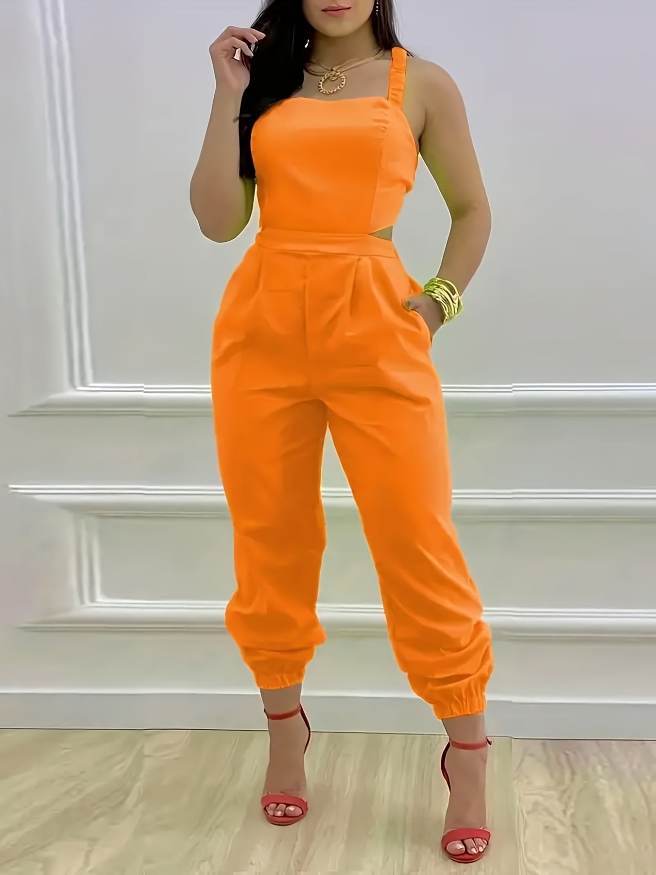 Leaf Print Back Cut Out Jumpsuit Sexy Sleeveless Jumpsuit For Spring & Summer