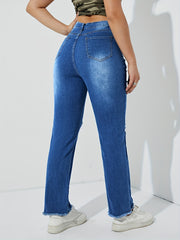High Rise Ripped Knees Jeans High Waist Distressed Denim