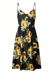 Sunflower Print Button Up Cami Shirt Dress Women's Plus Medium