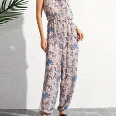 Print Tie Neck Side Split Cover Up Jumpsuit Sexy Beach Cover Up