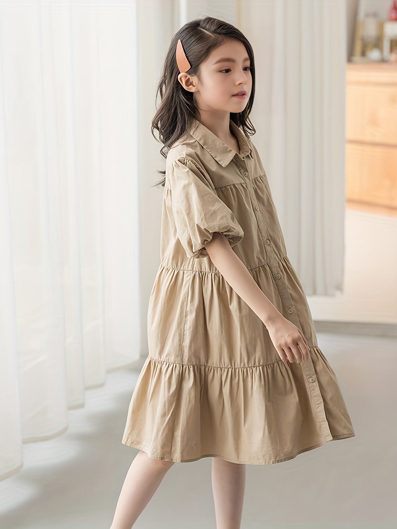 Cotton Puff Sleeve Lapel Dress for Girls