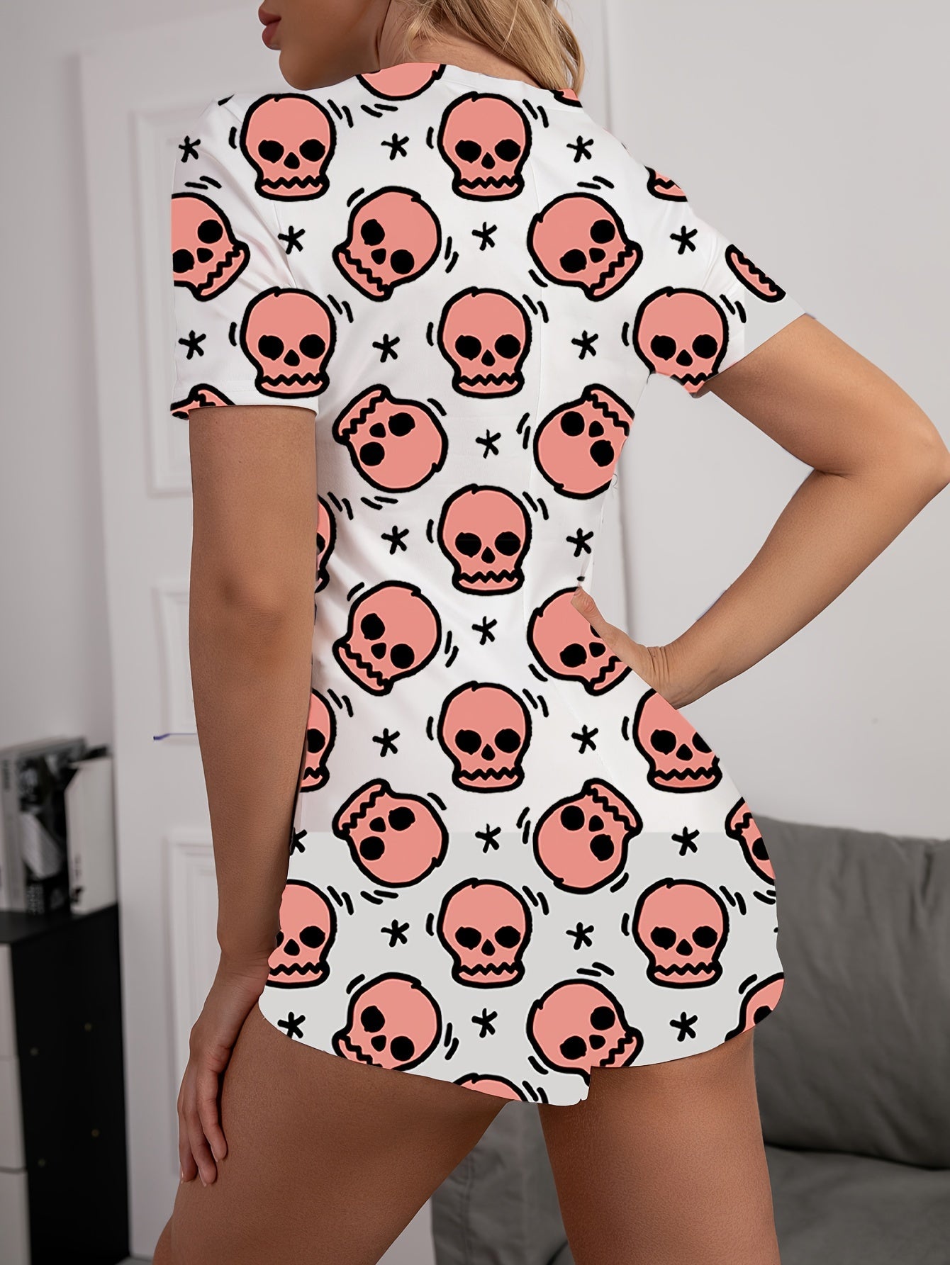 Skull Print Buttons Pajama Romper Short Sleeve V Neck Pajamas