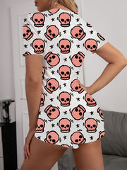 Skull Print Buttons Pajama Romper Short Sleeve V Neck Pajamas
