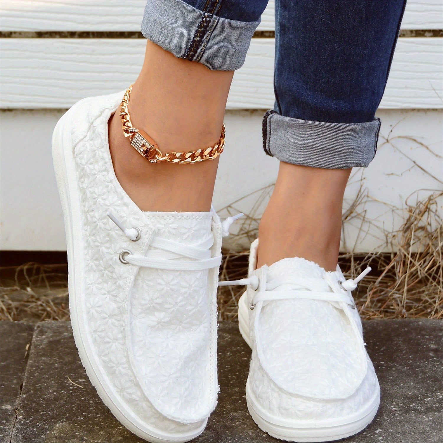 Snow Flake Pattern Boat Shoes Slip on Walking Shoes Canvas Sneake