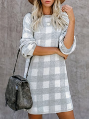 Plus Gingham Print Long Sleeve Round Neck Slight Stretch Dress