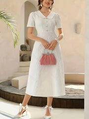 Solid High Waist V Neck Midi Dress Short Sleeve