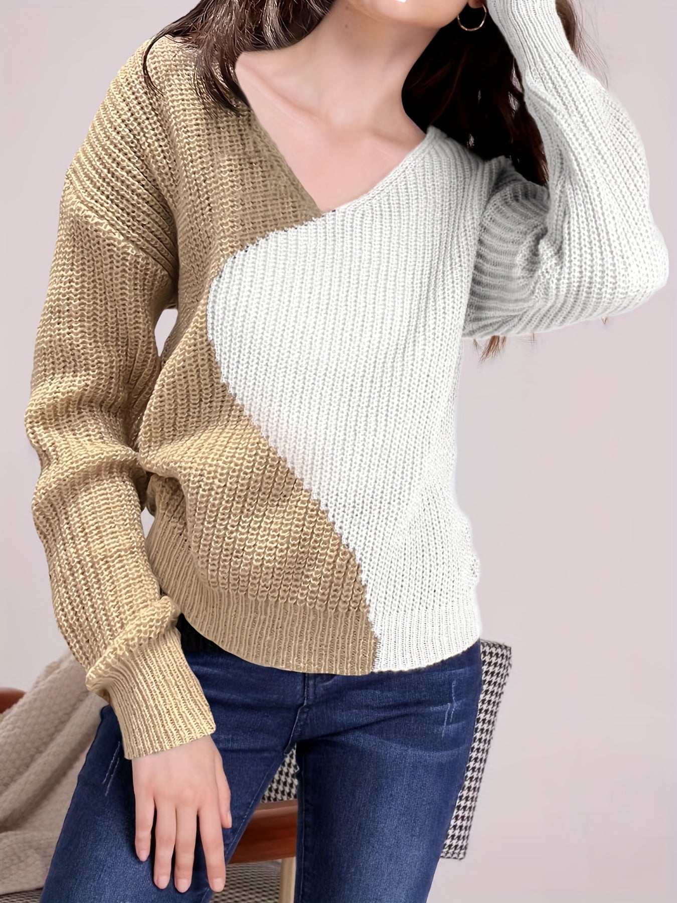 Drop Shoulder V-Neck Sweater Long Sleeve Casual