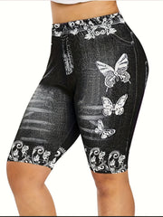 Butterflies Print Casual High Waist Slim Shorts Women's Clothing