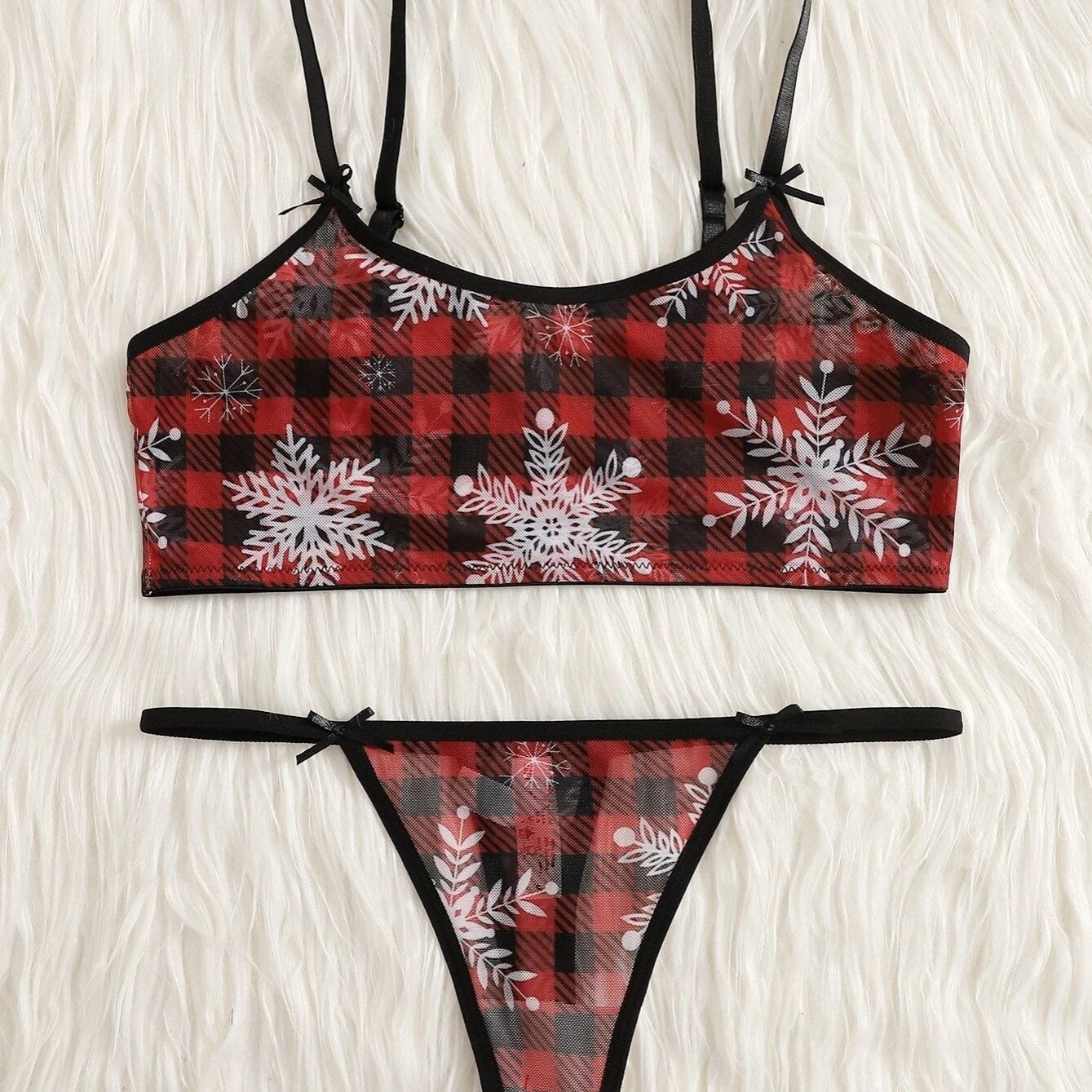 Christmas Plaid Print Sexy Lingerie Set Cami Tops & Thongs