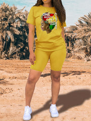 Girl & Letter Print Matching Two piece Set Short Sleeve T shirt & Biker Shorts