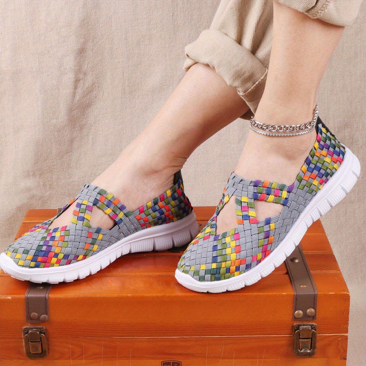 Women's Colorful Braided Slip On Sneakers Low Cozy Shoes