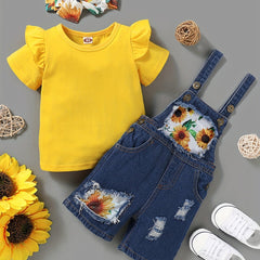 3pc Toddler Girls Ruffle Trim T Shirt Tops & Sunflower Ripped Overalls Set