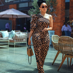 Leopard Print One Shoulder Jumpsuit Asymmetrical Neck Stretchy Jumpsuit
