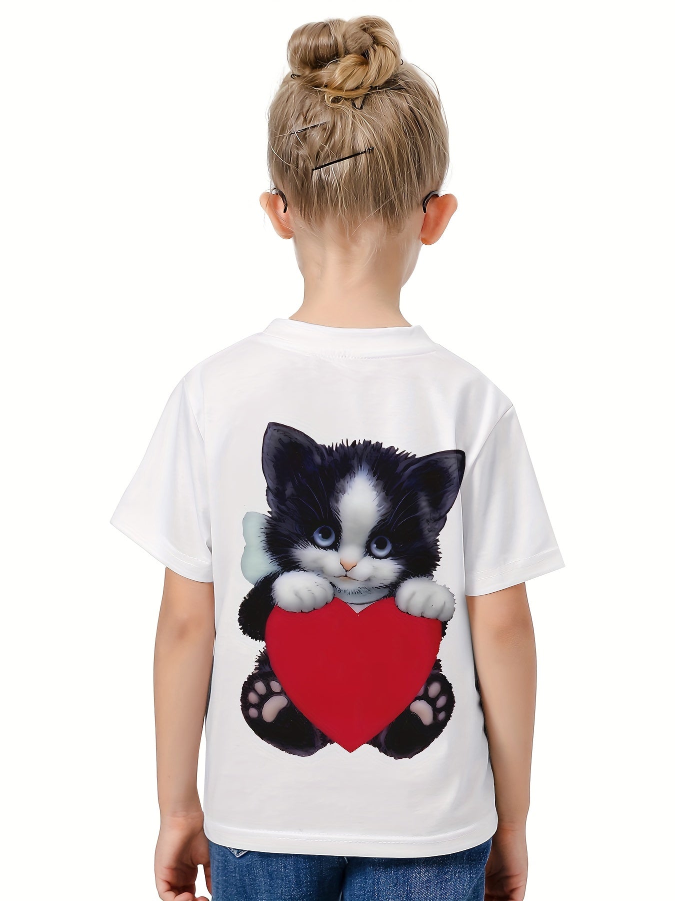 3D Sweet Cat & Heart Graphic Short Sleeve T-shirt Breathable Comfy