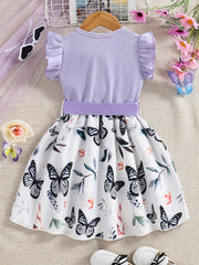 Girls Butterfly Print Skirt Dress Ribbed Ruffle Top Summer Casual Clothes