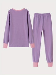 2pcs Kids Cat Print Pajama Set Long Sleeve Top & Pants