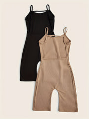 2pcs Solid Ribbed Pajama Rompers Crew Neck Backless Pajamas