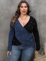 Colorblock Faux Pearl Decor Sweater